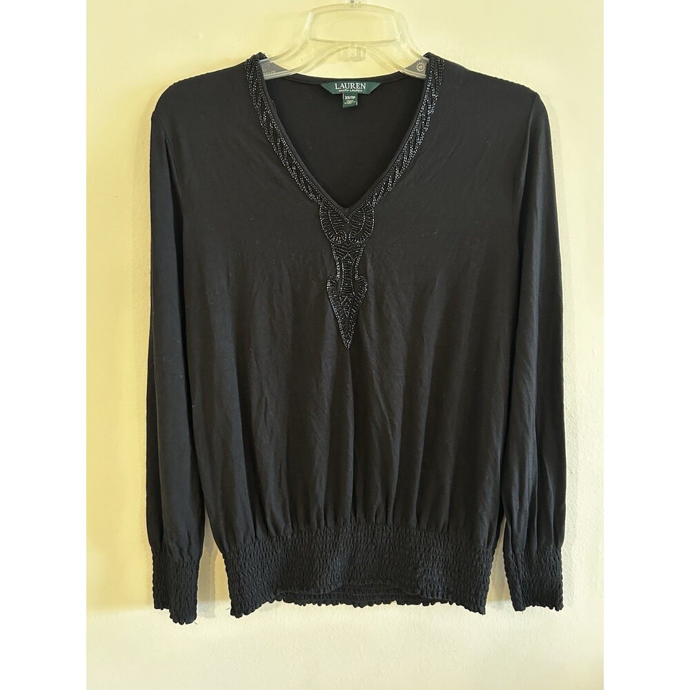 LAUREN RALPH LAUREN Black Beaded V Neck Sweater Long Sleeve Women's XS